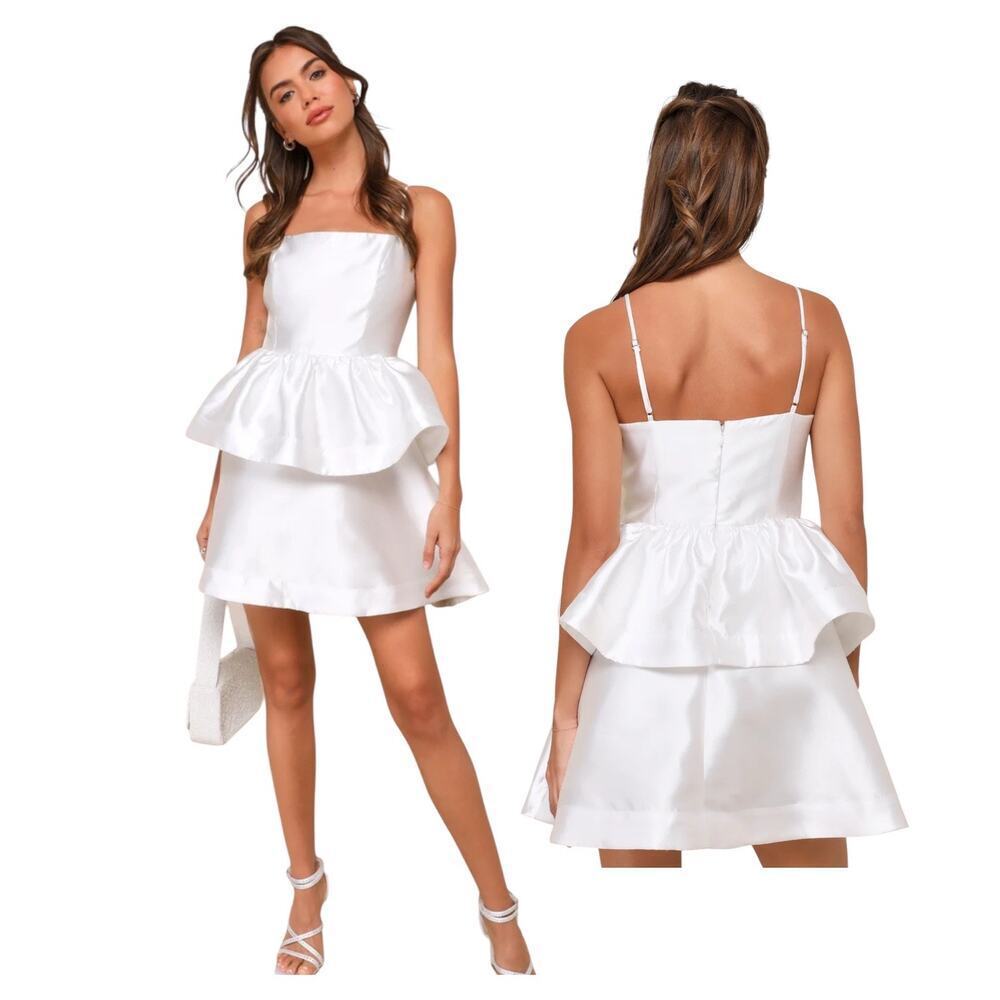Lulus Bubbly Charm White Taffeta Tiered Ruffle Mini Dress Size Small